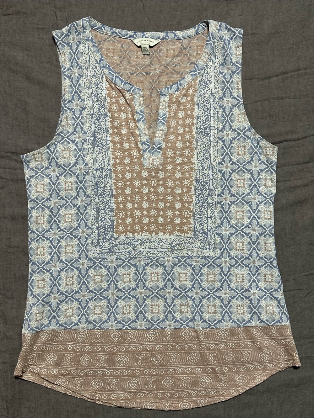 Lucky Brand Blue and Taupe Mixed-Print Sleeveless Tank